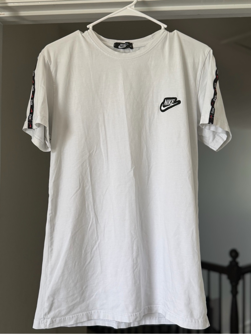 Nike White Crew Neck Tee with Black Logo and Sleeve Tape